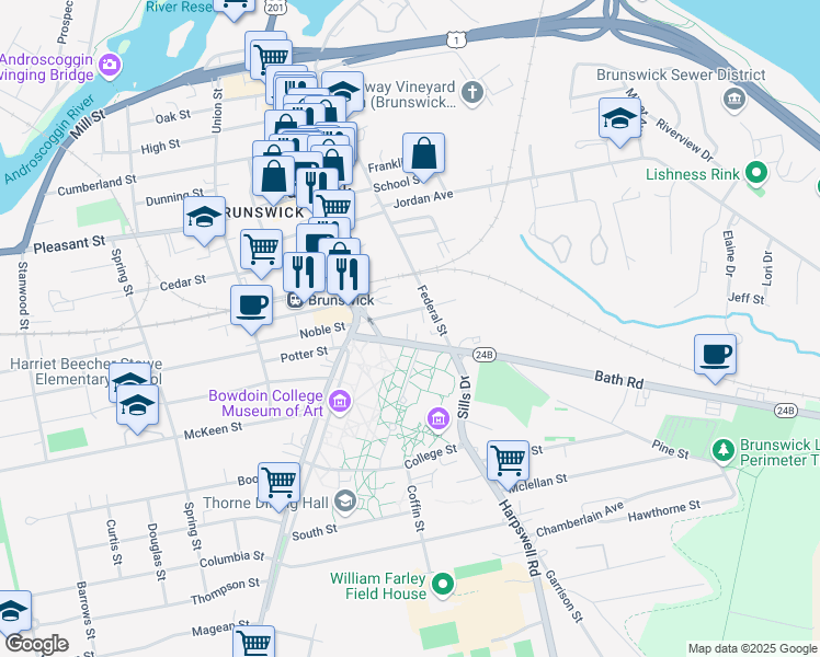 map of restaurants, bars, coffee shops, grocery stores, and more near 255 Maine Street in Brunswick