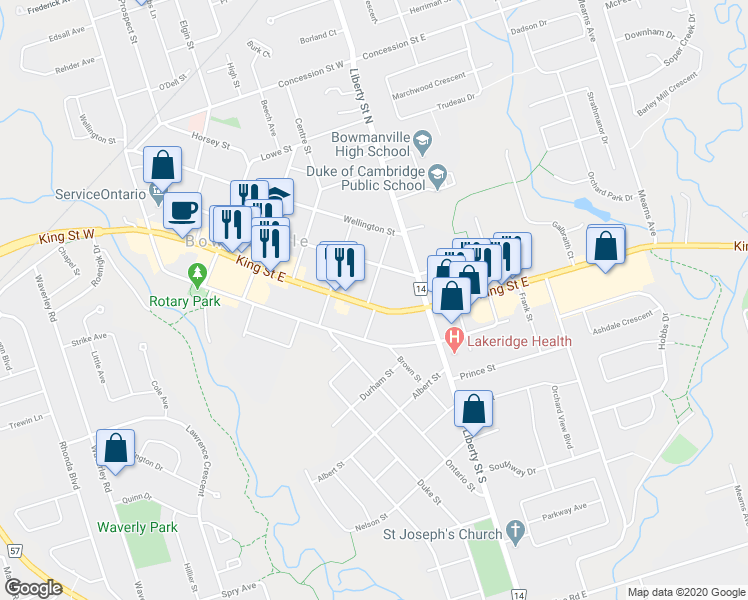 map of restaurants, bars, coffee shops, grocery stores, and more near 154 King Street East in Bowmanville
