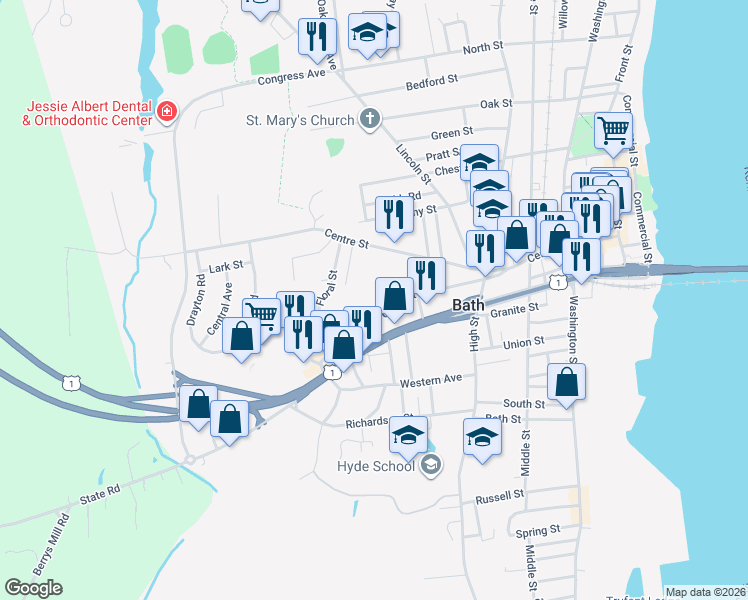 map of restaurants, bars, coffee shops, grocery stores, and more near 95 Court Street in Bath
