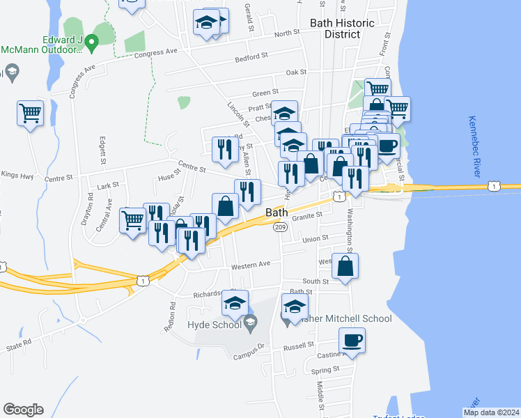 map of restaurants, bars, coffee shops, grocery stores, and more near 44 Court Street in Bath