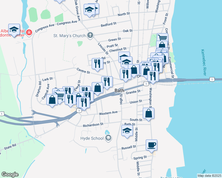 map of restaurants, bars, coffee shops, grocery stores, and more near 44 Court Street in Bath