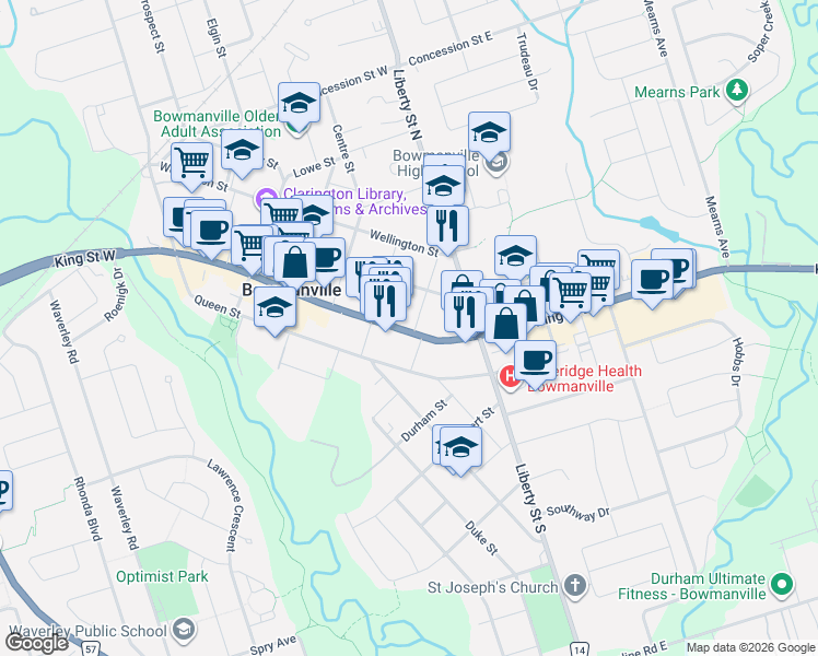 map of restaurants, bars, coffee shops, grocery stores, and more near 154 King Street East in Bowmanville