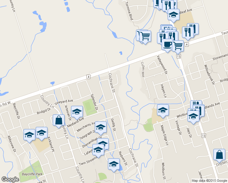 map of restaurants, bars, coffee shops, grocery stores, and more near 3705 Cochrane Street in Whitby