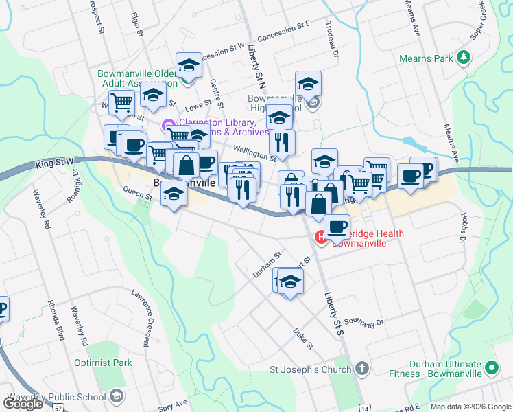 map of restaurants, bars, coffee shops, grocery stores, and more near 142 King Street East in Bowmanville
