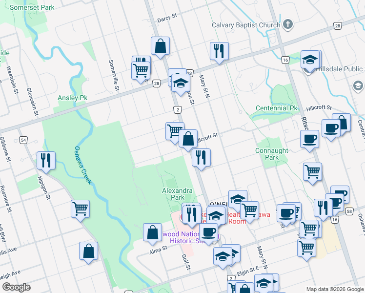 map of restaurants, bars, coffee shops, grocery stores, and more near 14 Buckingham Avenue in Oshawa