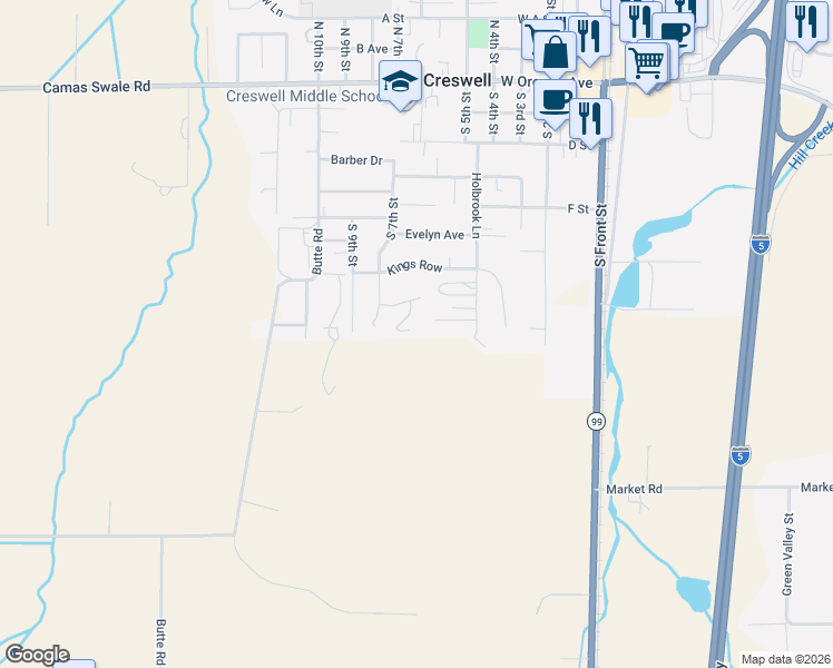 map of restaurants, bars, coffee shops, grocery stores, and more near 733 Queens Avenue in Creswell
