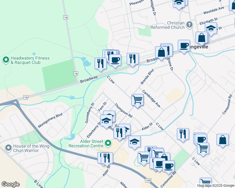 map of restaurants, bars, coffee shops, grocery stores, and more near 48 C Line in Orangeville