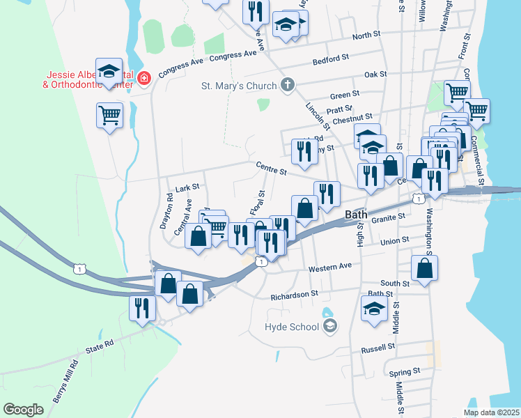 map of restaurants, bars, coffee shops, grocery stores, and more near 44 Floral Street in Bath