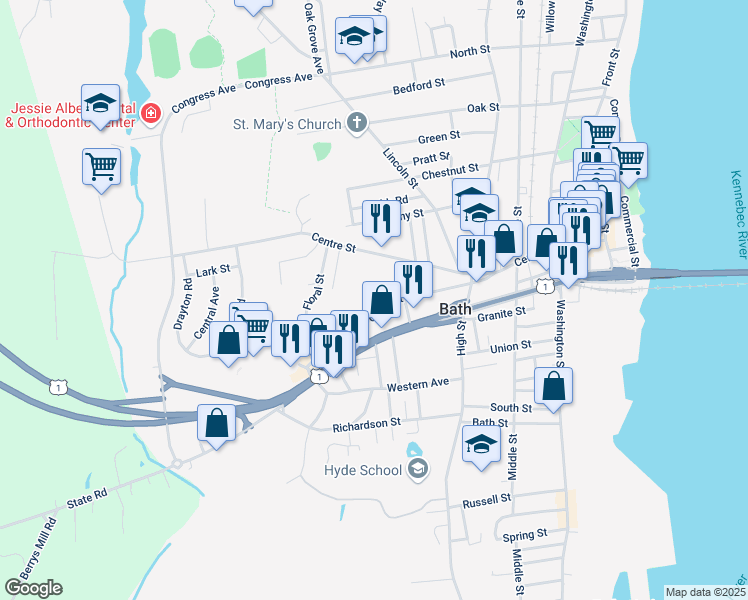 map of restaurants, bars, coffee shops, grocery stores, and more near 71 Court Street in Bath