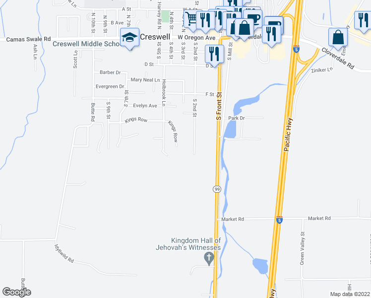 map of restaurants, bars, coffee shops, grocery stores, and more near 791 South 2nd Street in Creswell