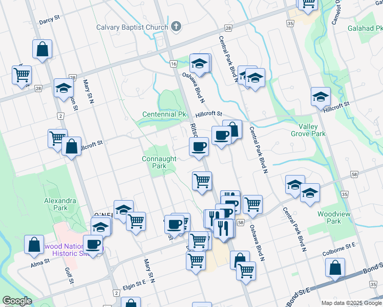 map of restaurants, bars, coffee shops, grocery stores, and more near 68 Pearson Street in Oshawa