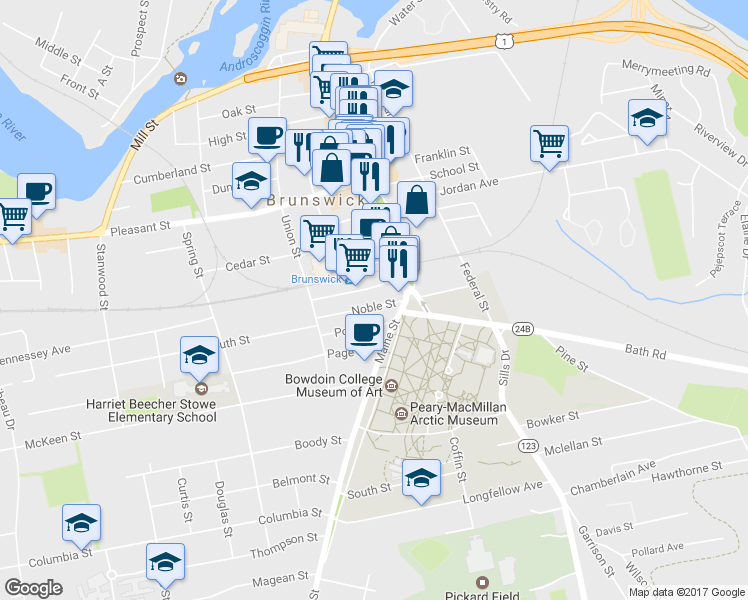 map of restaurants, bars, coffee shops, grocery stores, and more near 10 Noble Street in Brunswick