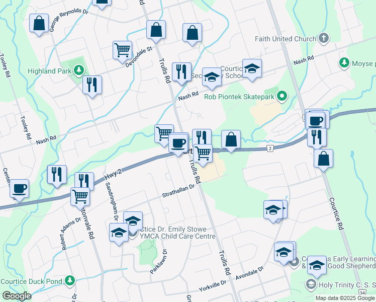 map of restaurants, bars, coffee shops, grocery stores, and more near in Courtice