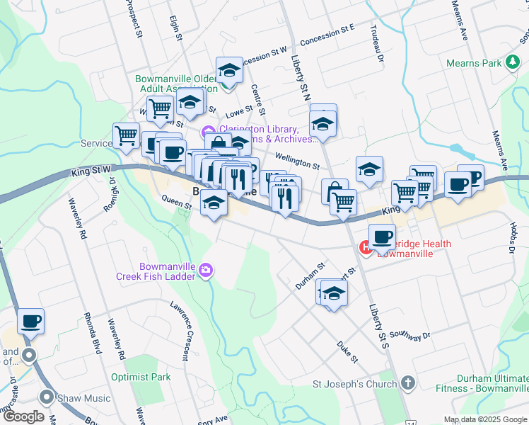 map of restaurants, bars, coffee shops, grocery stores, and more near 113 King Street East in Clarington