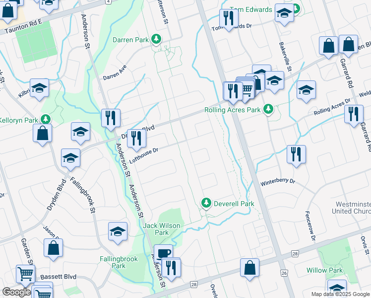 map of restaurants, bars, coffee shops, grocery stores, and more near 28 Deverell Street in Whitby
