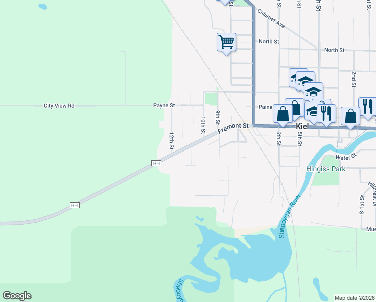 map of restaurants, bars, coffee shops, grocery stores, and more near 1105 Fremont Street in Kiel