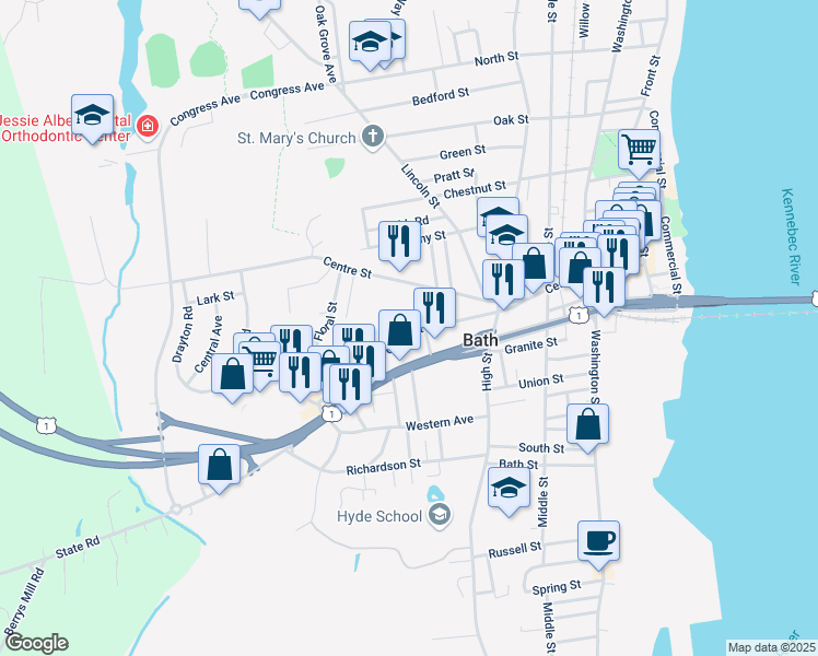 map of restaurants, bars, coffee shops, grocery stores, and more near 71 Court Street in Bath