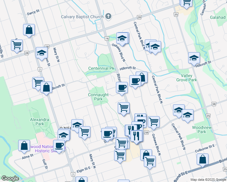 map of restaurants, bars, coffee shops, grocery stores, and more near 68 Pearson Street in Oshawa