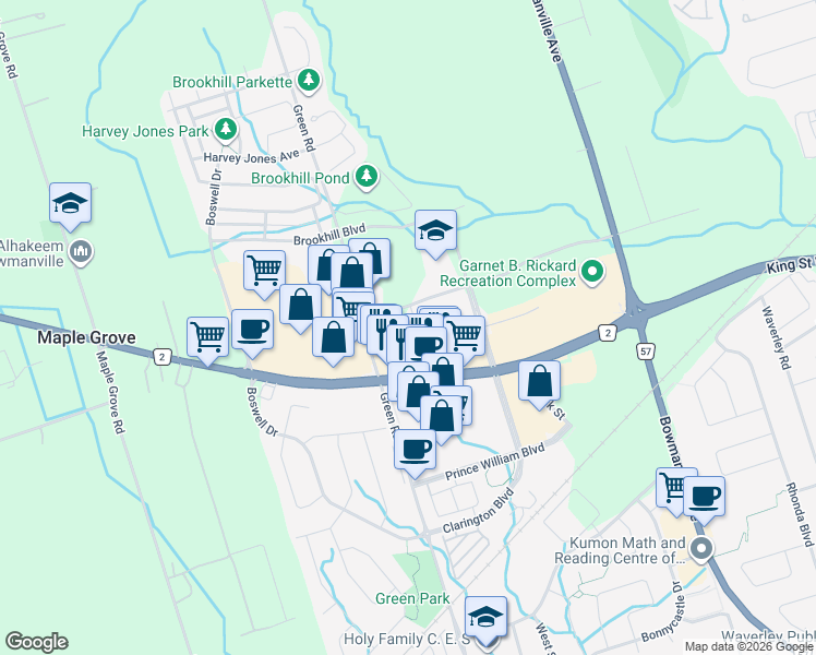 map of restaurants, bars, coffee shops, grocery stores, and more near 1995 Green Road in Bowmanville