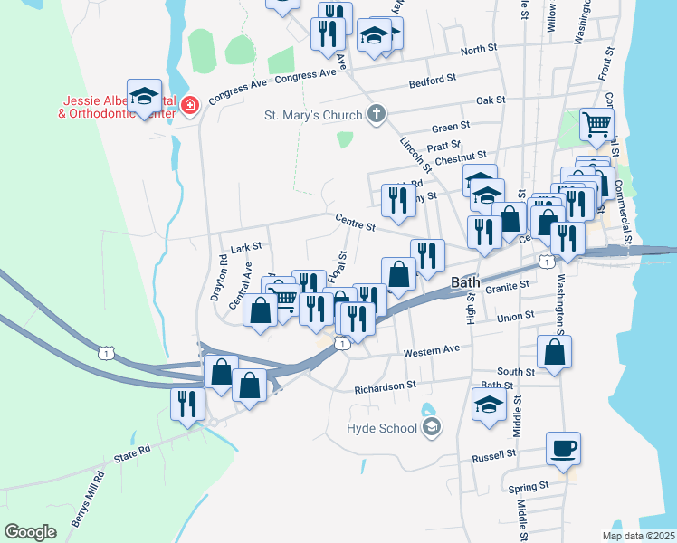 map of restaurants, bars, coffee shops, grocery stores, and more near 44 Floral Street in Bath