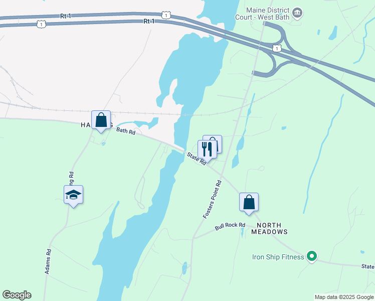 map of restaurants, bars, coffee shops, grocery stores, and more near 4 Armstrong Way in West Bath