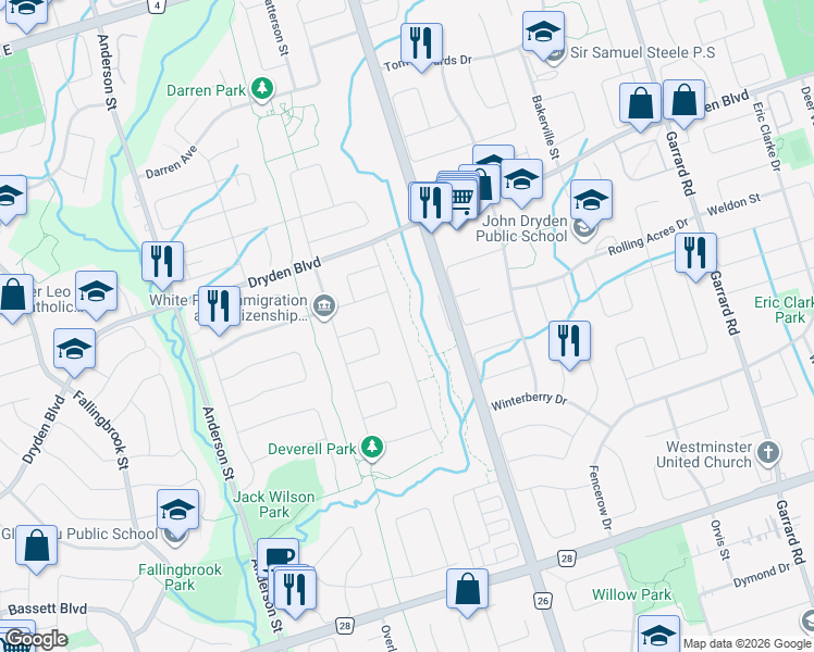 map of restaurants, bars, coffee shops, grocery stores, and more near 47 Bremner Street in Whitby