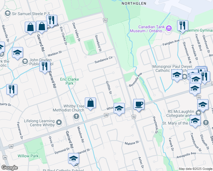 map of restaurants, bars, coffee shops, grocery stores, and more near 879 Cartref Avenue in Oshawa