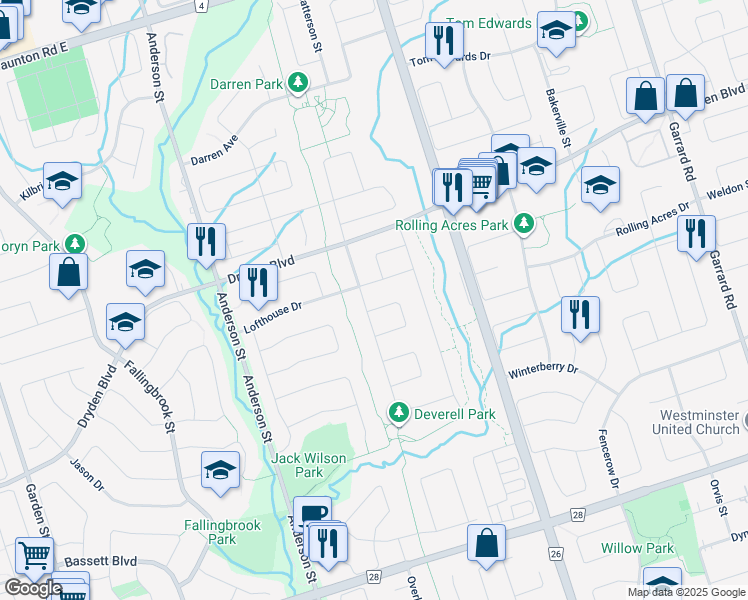 map of restaurants, bars, coffee shops, grocery stores, and more near 28 Deverell Street in Whitby