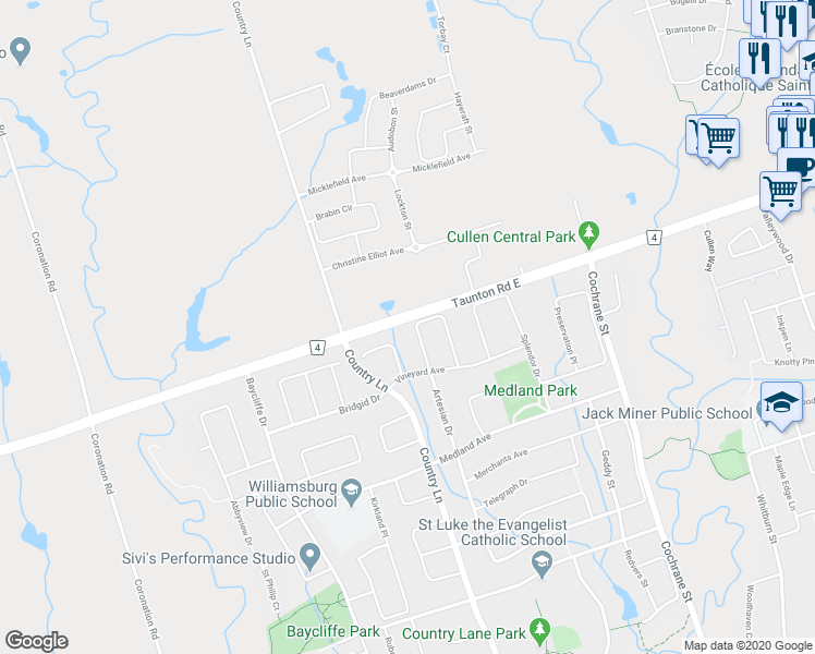 map of restaurants, bars, coffee shops, grocery stores, and more near 33 Tweedie Crescent in Whitby