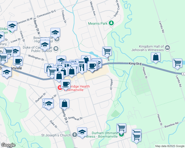 map of restaurants, bars, coffee shops, grocery stores, and more near 243 King Street East in Bowmanville