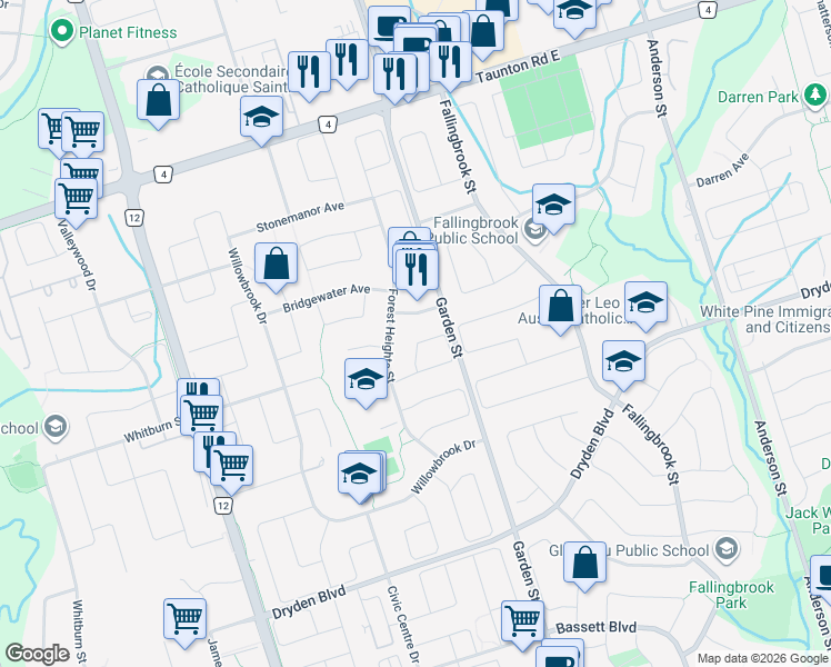 map of restaurants, bars, coffee shops, grocery stores, and more near 53 Greenbush Place in Whitby