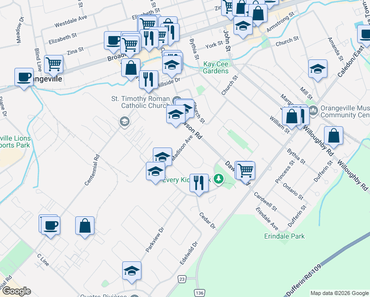 map of restaurants, bars, coffee shops, grocery stores, and more near 24 Madison Avenue in Orangeville