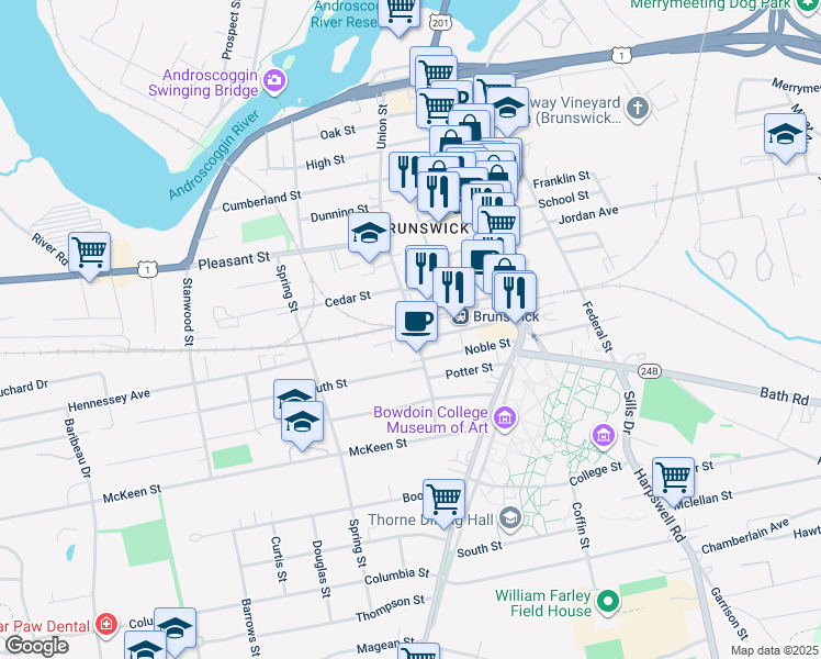 map of restaurants, bars, coffee shops, grocery stores, and more near 84B Union Street in Brunswick