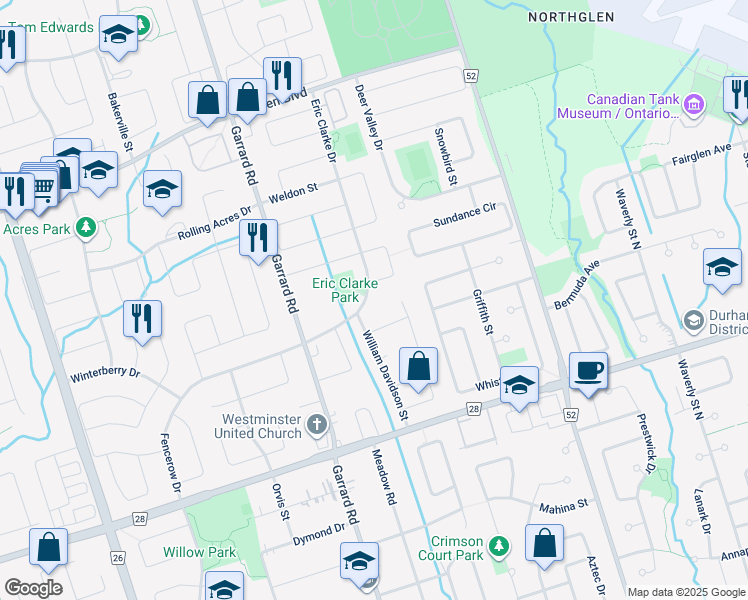 map of restaurants, bars, coffee shops, grocery stores, and more near 45 Eric Clarke Drive in Whitby