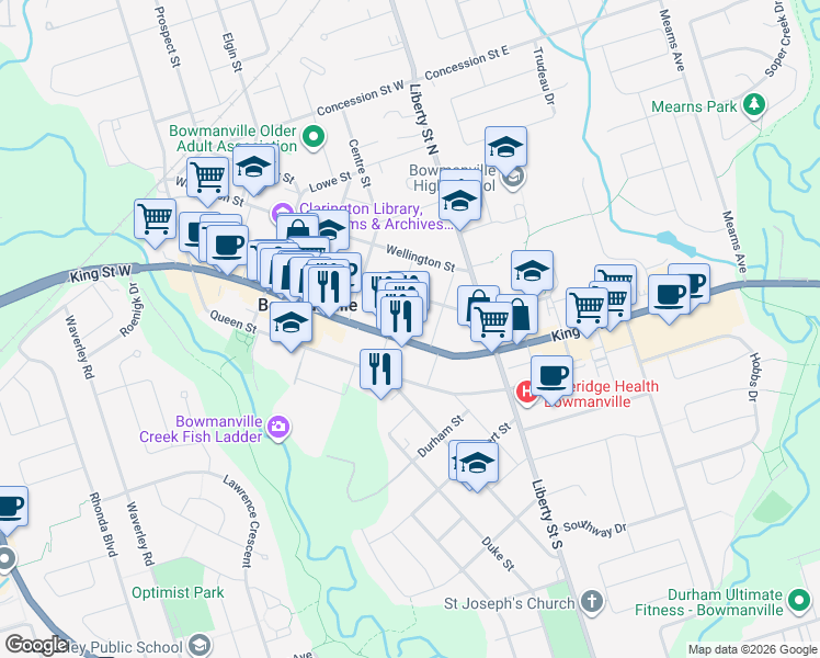 map of restaurants, bars, coffee shops, grocery stores, and more near in Bowmanville