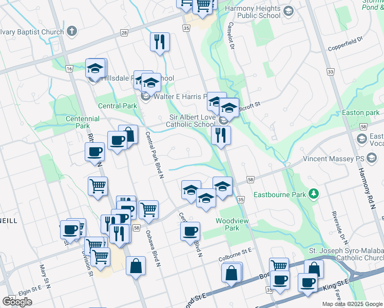 map of restaurants, bars, coffee shops, grocery stores, and more near in Oshawa