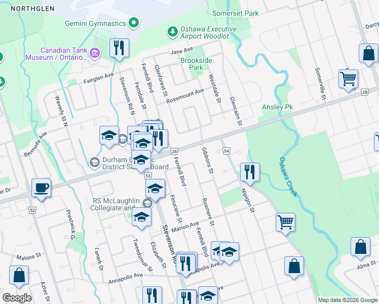 map of restaurants, bars, coffee shops, grocery stores, and more near 433 Rossland Road West in Oshawa