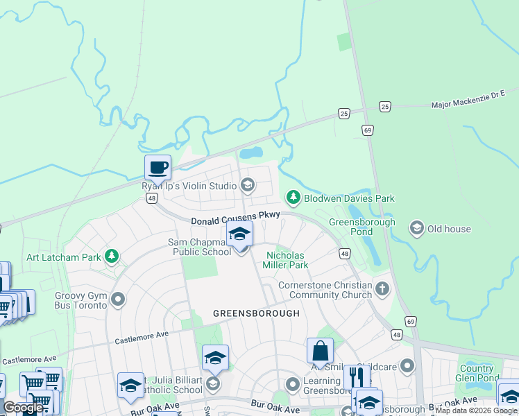 map of restaurants, bars, coffee shops, grocery stores, and more near 27 Sharbot Lane in Markham