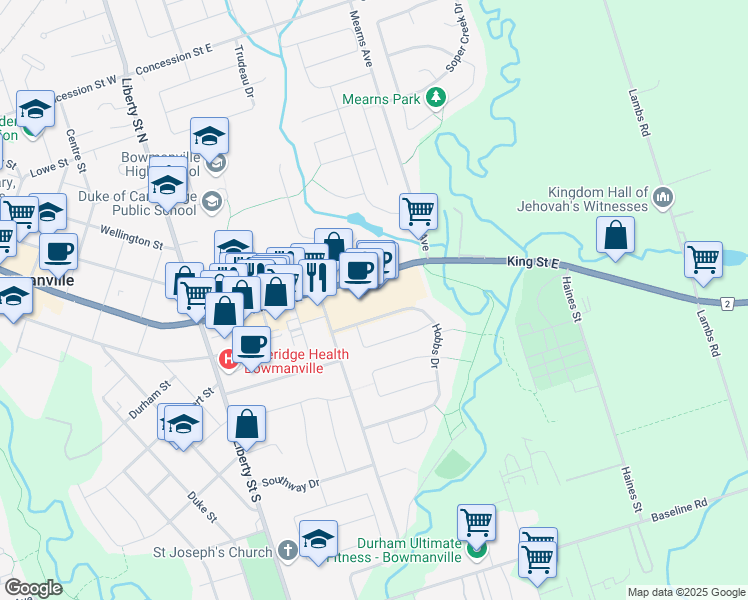 map of restaurants, bars, coffee shops, grocery stores, and more near 243 King Street East in Bowmanville