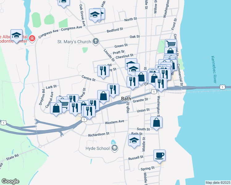 map of restaurants, bars, coffee shops, grocery stores, and more near 43 Court Street in Bath