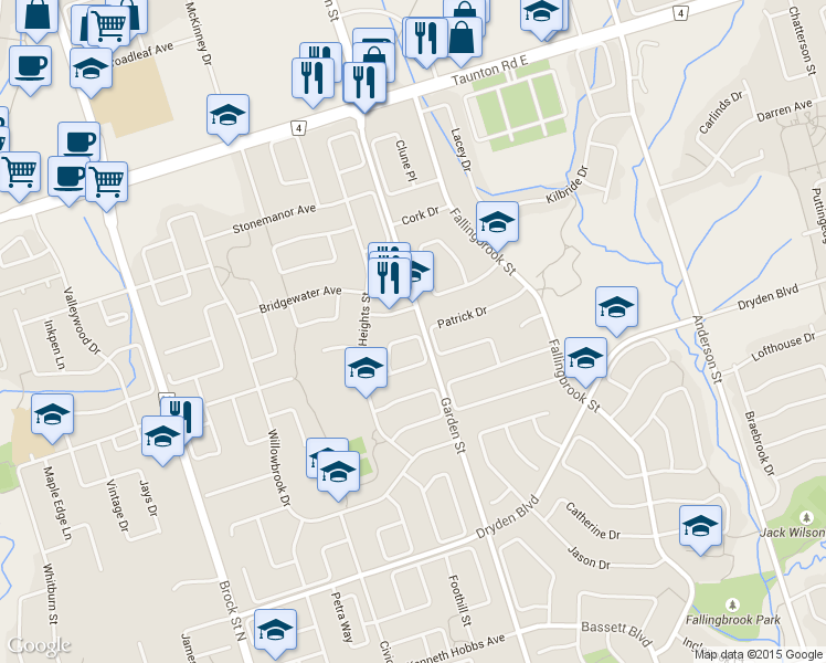 map of restaurants, bars, coffee shops, grocery stores, and more near 43 Greenbush Place in Whitby