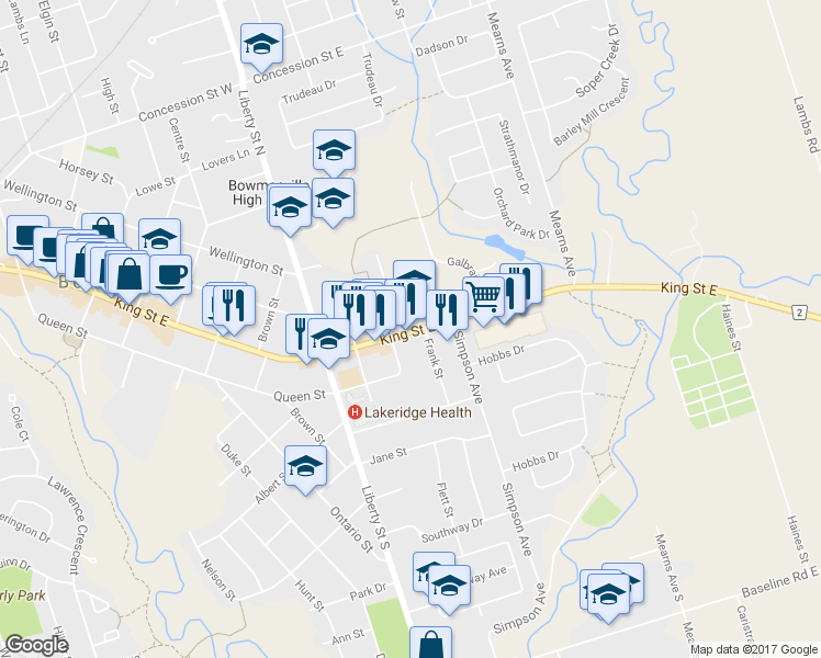 map of restaurants, bars, coffee shops, grocery stores, and more near 55 King Street East in Bowmanville