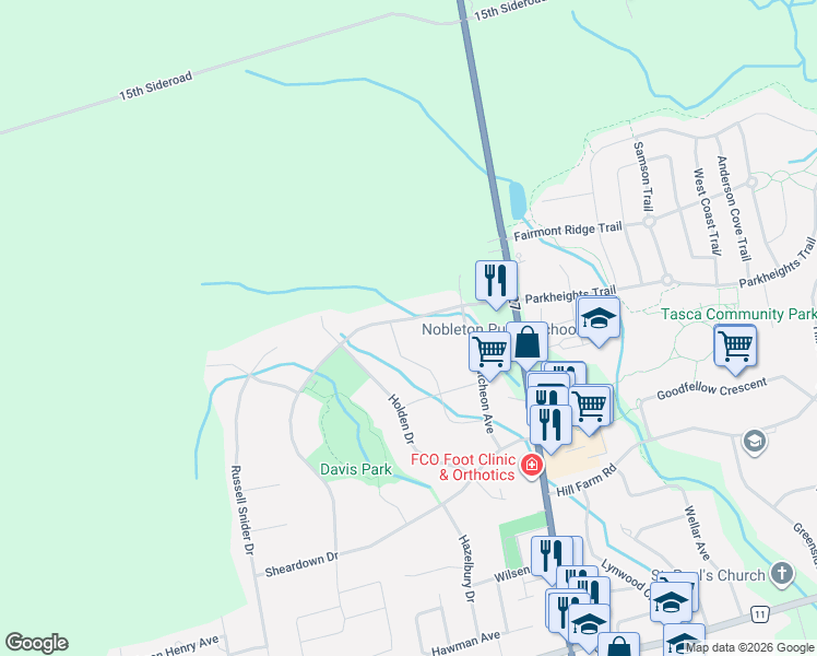 map of restaurants, bars, coffee shops, grocery stores, and more near 147 Mactaggart Drive in Nobleton