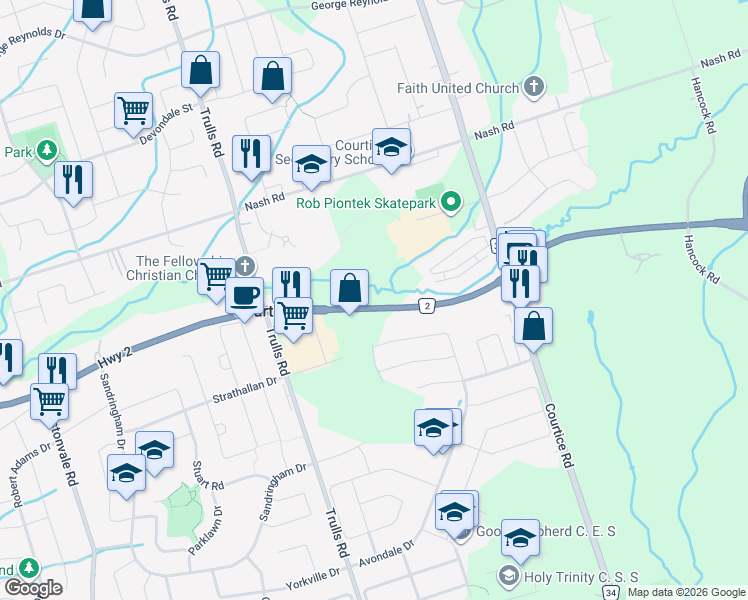 map of restaurants, bars, coffee shops, grocery stores, and more near 1697 Durham Regional Highway 2 in Courtice