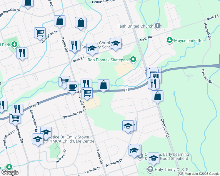 map of restaurants, bars, coffee shops, grocery stores, and more near 1690 Durham Regional Highway 2 in Courtice