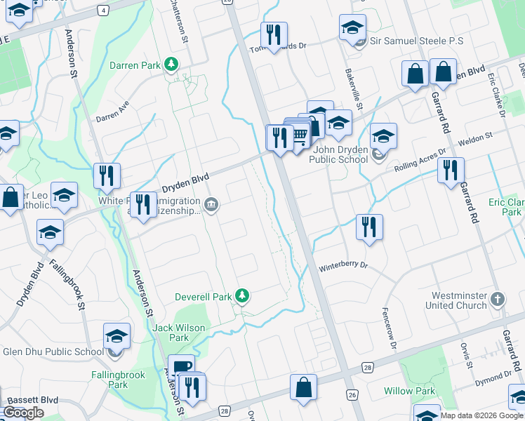 map of restaurants, bars, coffee shops, grocery stores, and more near 47 Bremner Street in Whitby