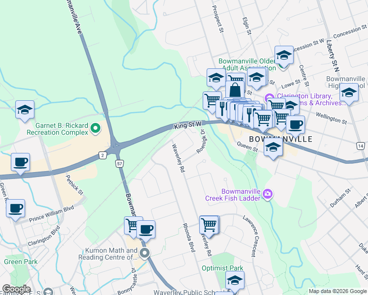 map of restaurants, bars, coffee shops, grocery stores, and more near 10 Coleman Street in Clarington