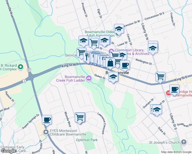 map of restaurants, bars, coffee shops, grocery stores, and more near 143 Queen Street in Bowmanville