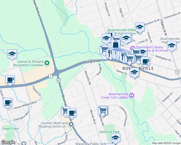 map of restaurants, bars, coffee shops, grocery stores, and more near 10 Coleman Street in Clarington