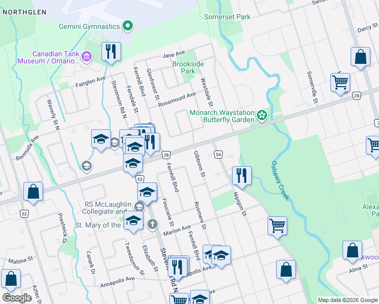 map of restaurants, bars, coffee shops, grocery stores, and more near 415 Rossland Road West in Oshawa
